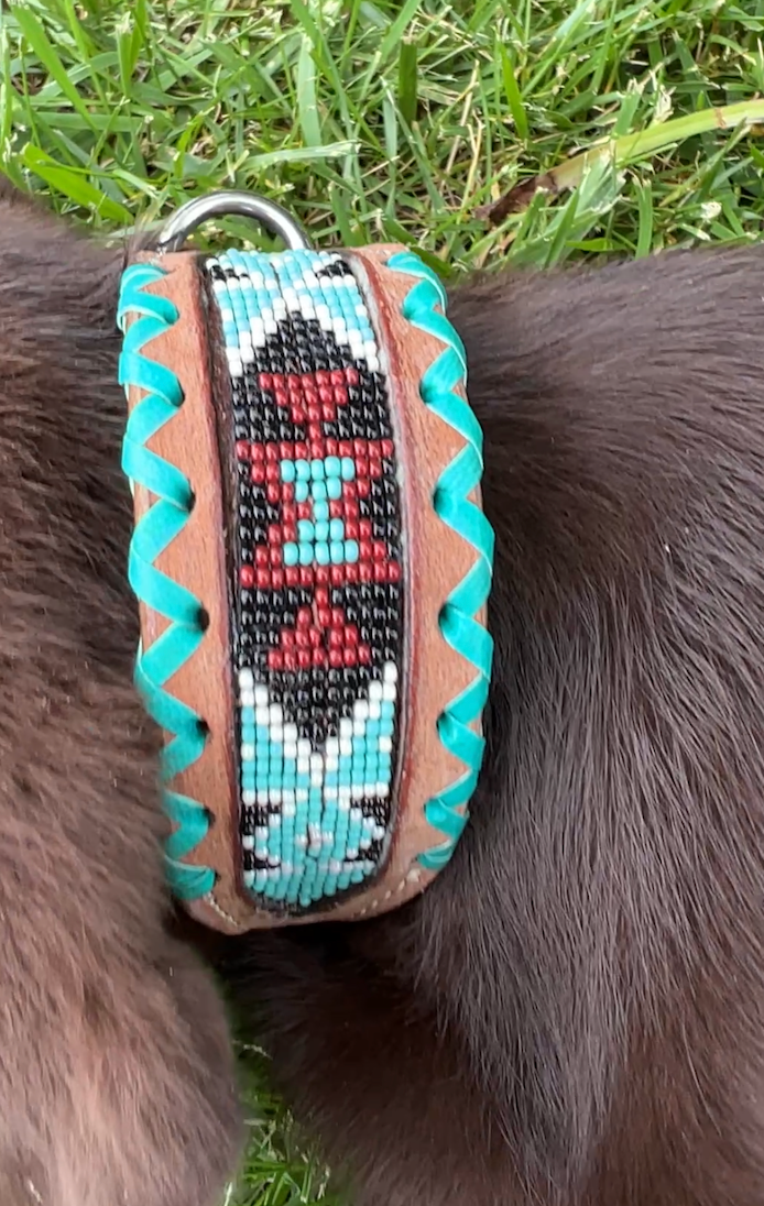 Genuine leather dog collar with teal, white, and burgundy  beaded inlay design, a rawhide wrapped edge