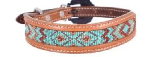 Genuine leather dog collar with teal beaded inlay