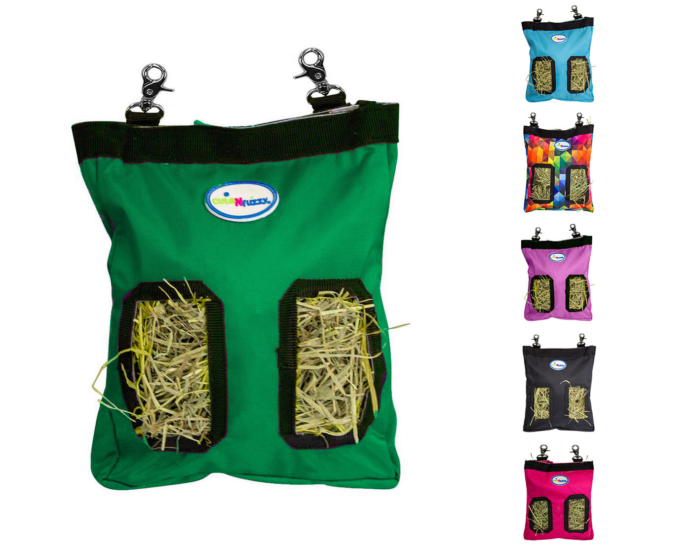 CuteNfuzzy 2-Opening Hay Bag for Rabbits, Guinea Pigs & Chinchillas, Compact Hanging Hay Feeder, 9" x 11" x 1.5", Helps Reduce Hay Waste & Cage Mess, 6-Month Warranty