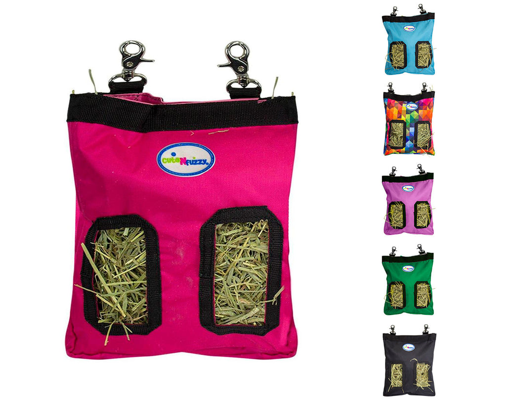 CuteNfuzzy 2-Opening Hay Bag for Rabbits, Guinea Pigs & Chinchillas, Compact Hanging Hay Feeder, 9" x 11" x 1.5", Helps Reduce Hay Waste & Cage Mess, 6-Month Warranty