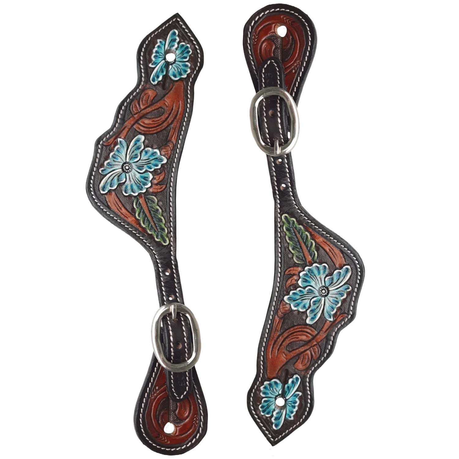 Tahoe Hand Tooled Turquoise Floral and Leaf Leather, Hand Painted Spur Straps Unisex Pair for Horse Riding, Barrel Racing and Horse Shows