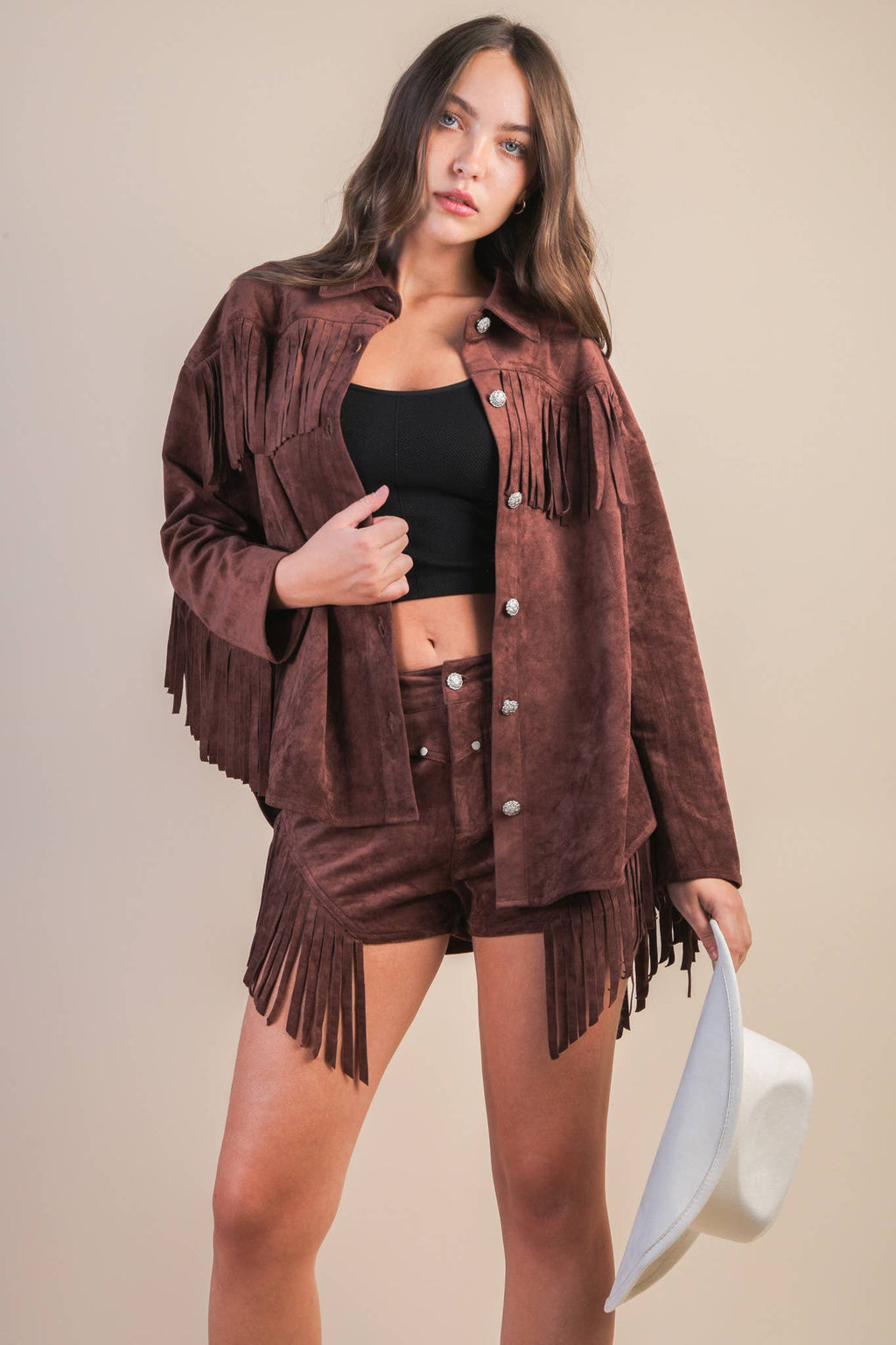 Suede Fringe Detail Western Jacket Shacket