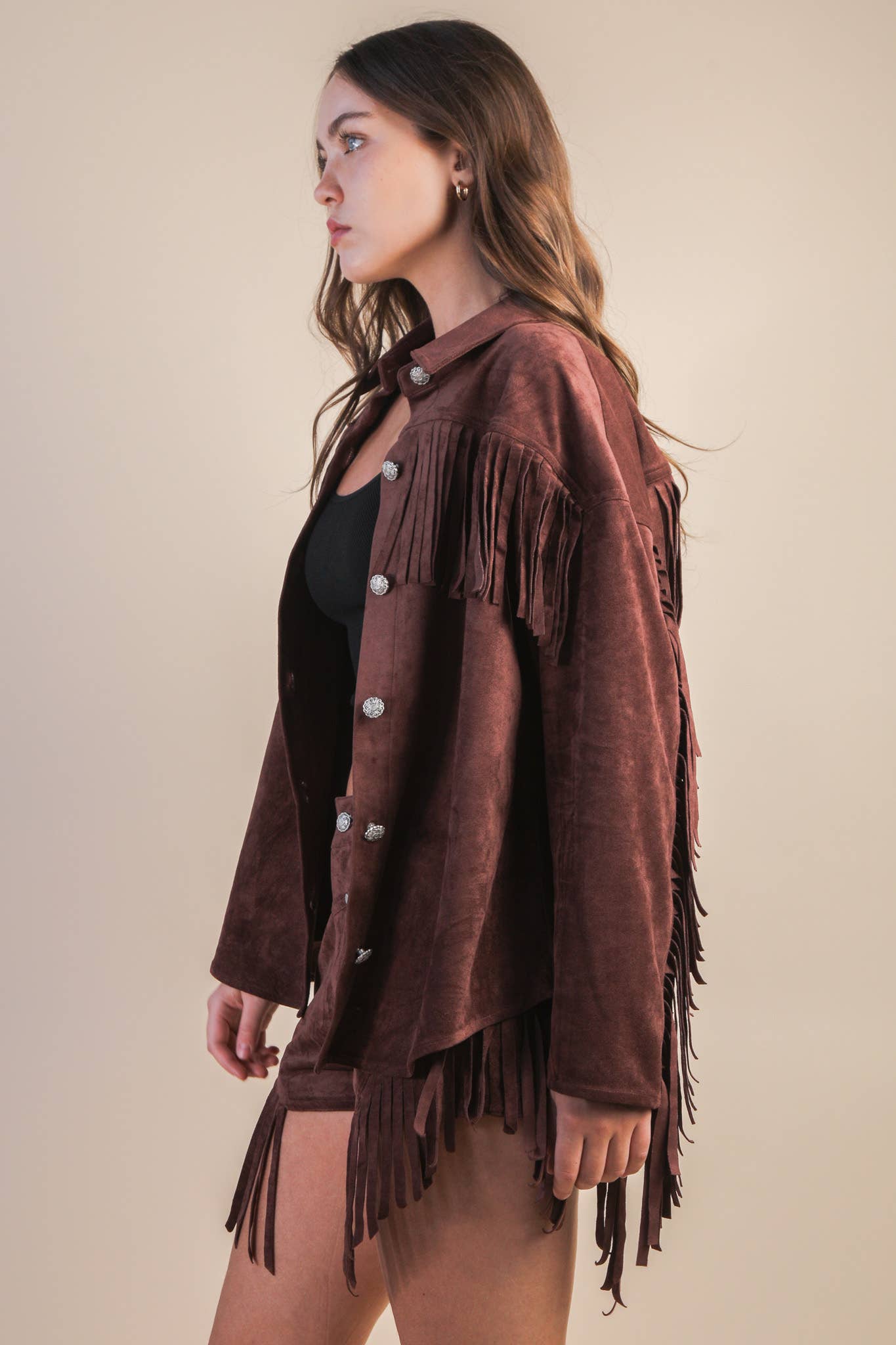 Suede Fringe Detail Western Jacket Shacket