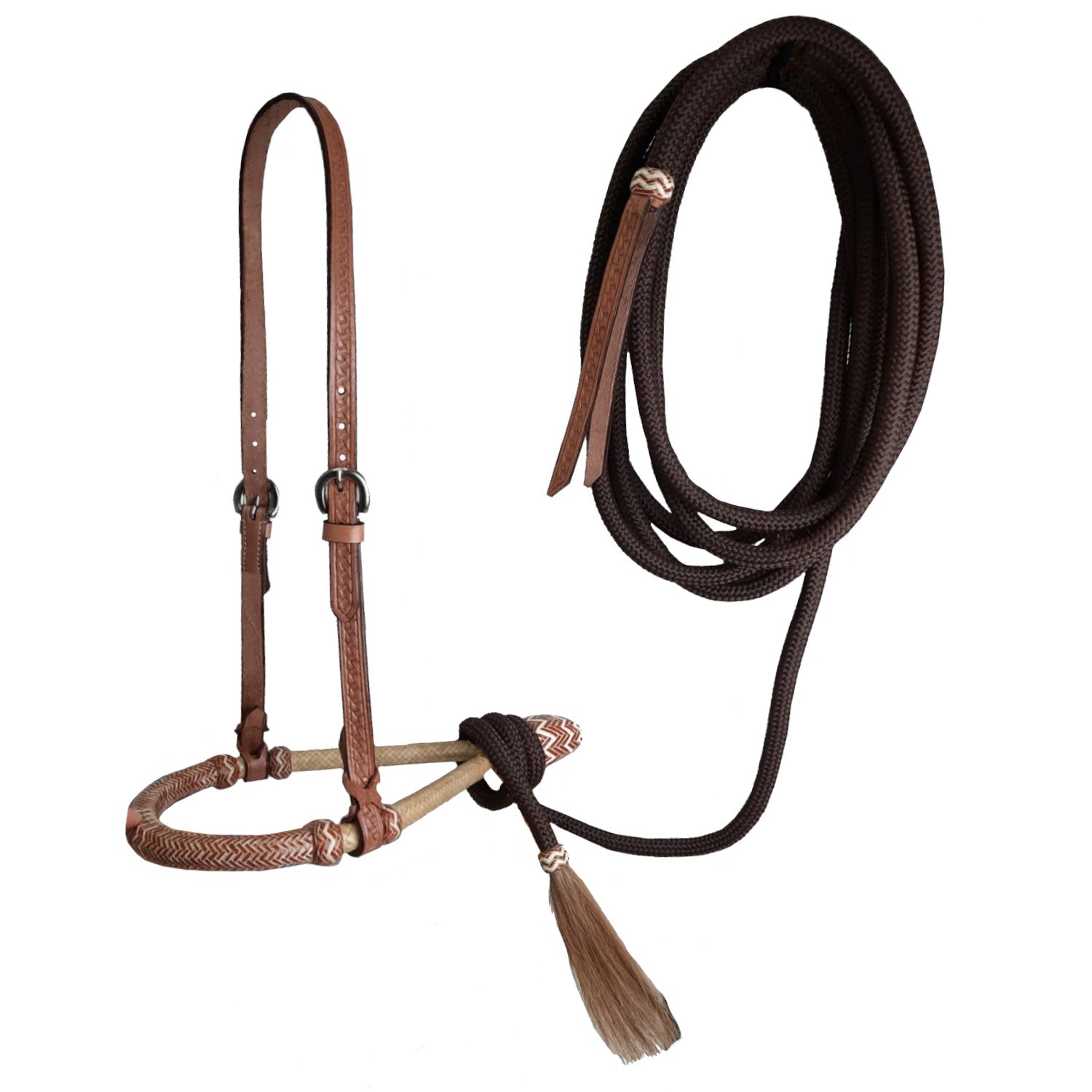 Tahoe 5/8" Rawhide Tan Bosal Mecate Set with Basket-Tooled Leather Hanger with 23 Ft Dark Brown Rope Mecate & Horsehair Tassel - 1 Year Warranty
