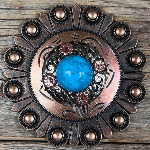 Antique Silver Turquoise Copper Floral Western Concho W222