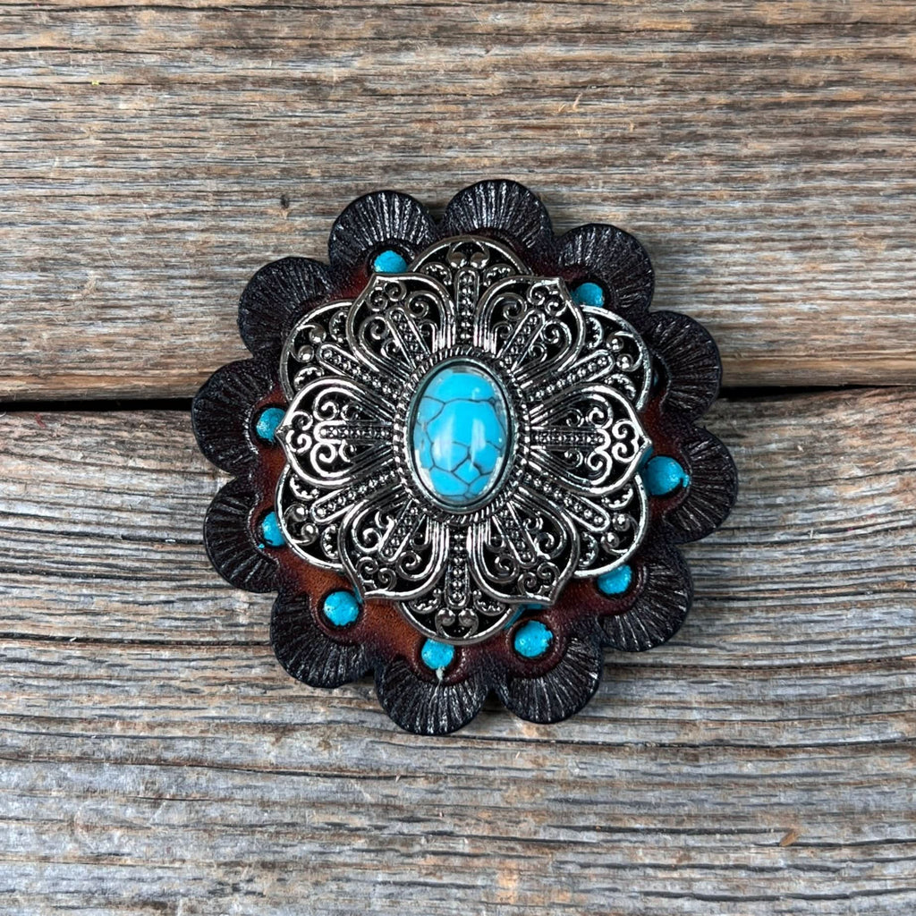 Antique Silver Filigree Floral Turquoise Western Concho W234