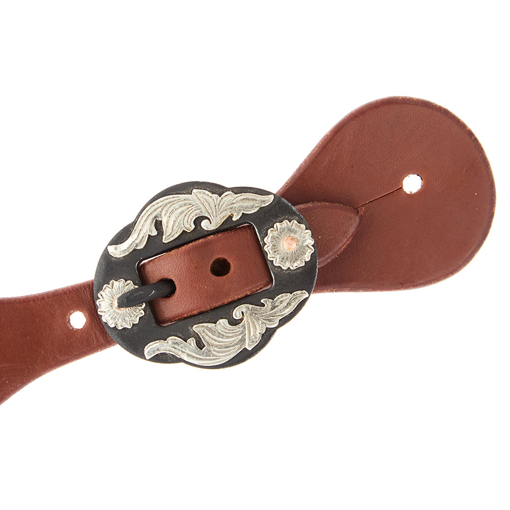 WD-LYDWSSO-18 Ladies Youth Oiled Dove Wing Spur Straps With Double Flower Buckles