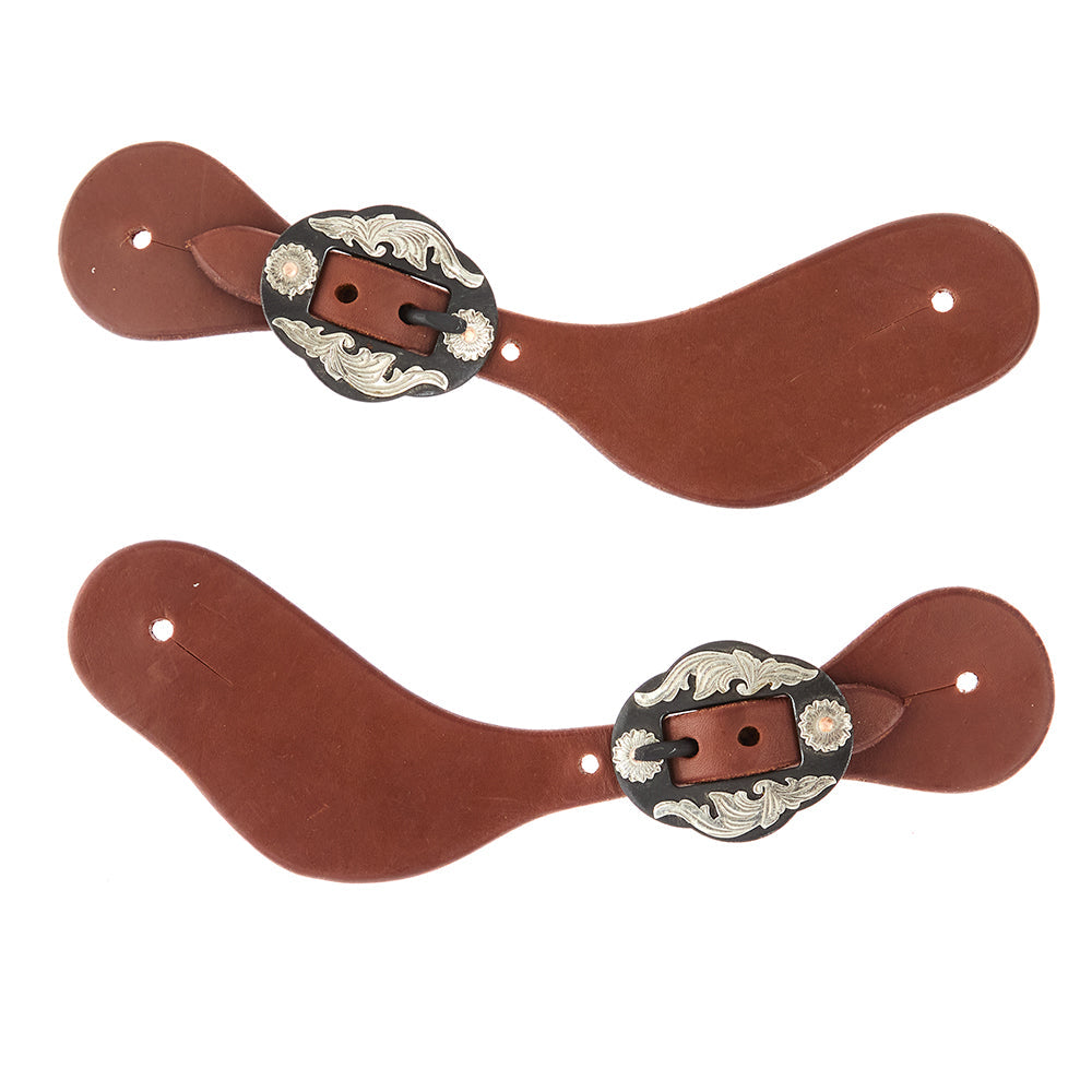 WD-LYDWSSO-18 Ladies Youth Oiled Dove Wing Spur Straps With Double Flower Buckles
