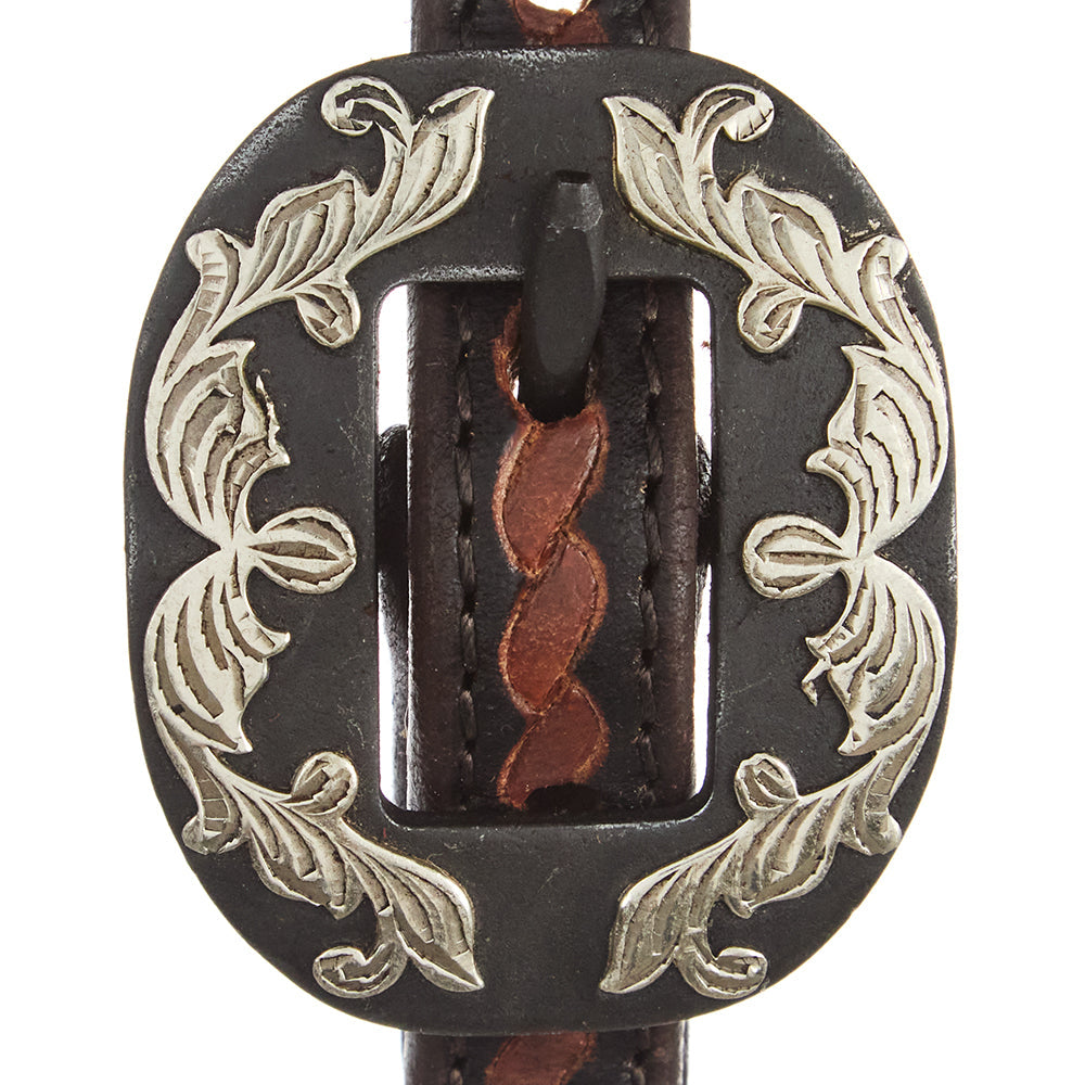 WD-RTSEH-HO-23 Heavy Oiled Rope Tooling Silver Scroll Double Buckle 5 8 Inch Single Ear Headstall