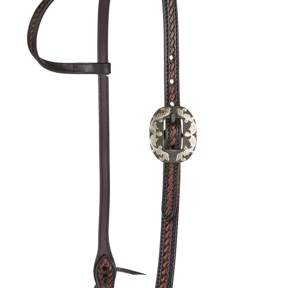 WD-RTSEH-HO-23 Heavy Oiled Rope Tooling Silver Scroll Double Buckle 5 8 Inch Single Ear Headstall