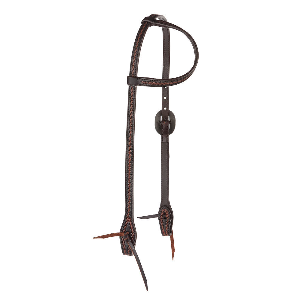 WD-RTSEH-HO-23 Heavy Oiled Rope Tooling Silver Scroll Double Buckle 5 8 Inch Single Ear Headstall