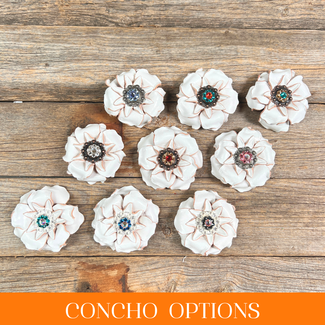 White Gardenia Leather Flowers - 1" Crystal Conchos - Options