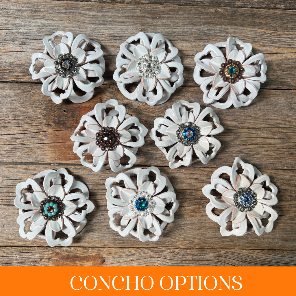 White Lotus Leather Flowers - 1" Crystal Conchos - Options