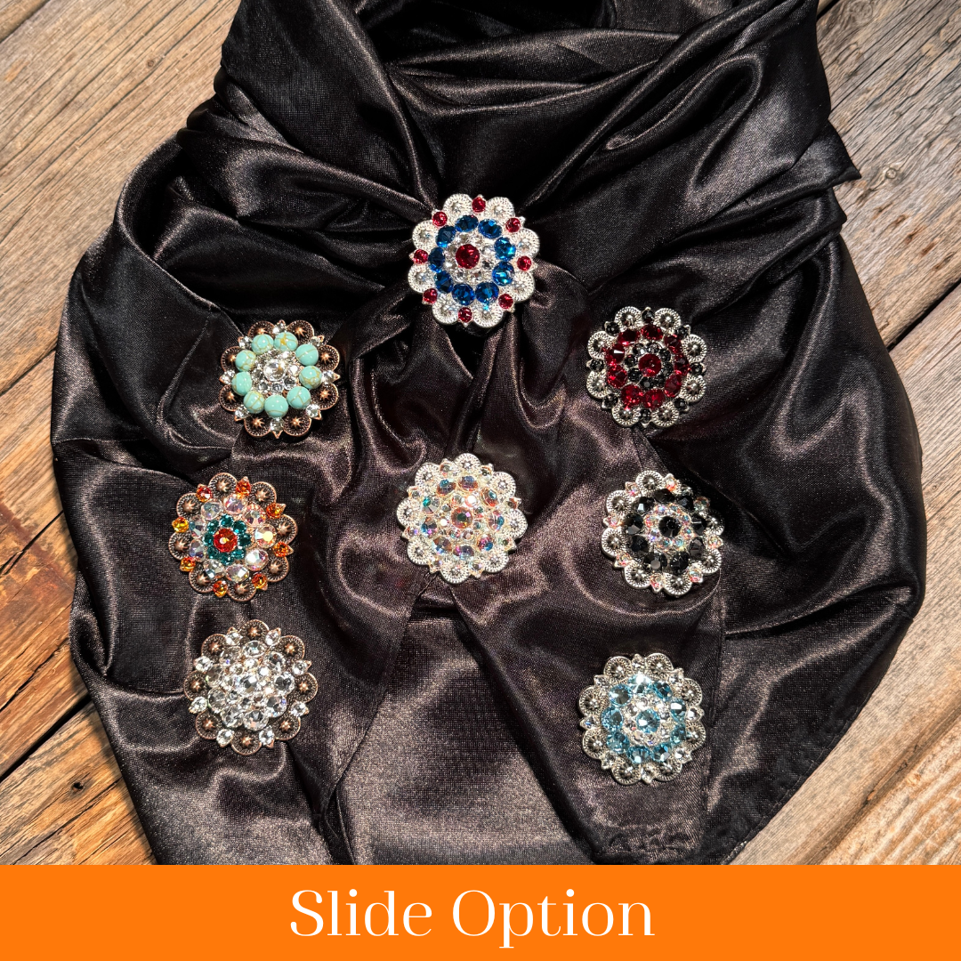 35X35" Solid Black Wild Rag / Scarf WRS4 - Crystal Concho Wild Rag Slides - Assorted