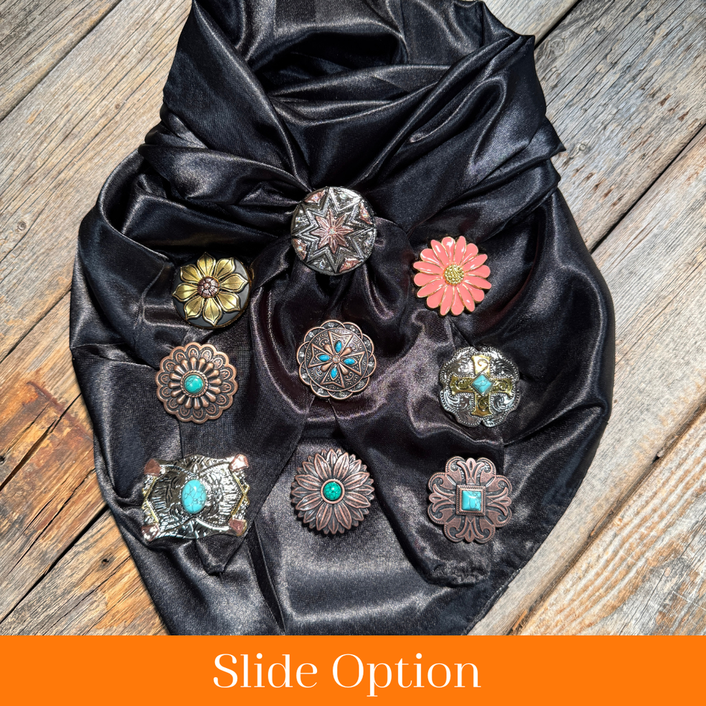 35X35" Solid Black Wild Rag / Scarf WRS4 - Western Concho Wild Rag Slides - Assorted