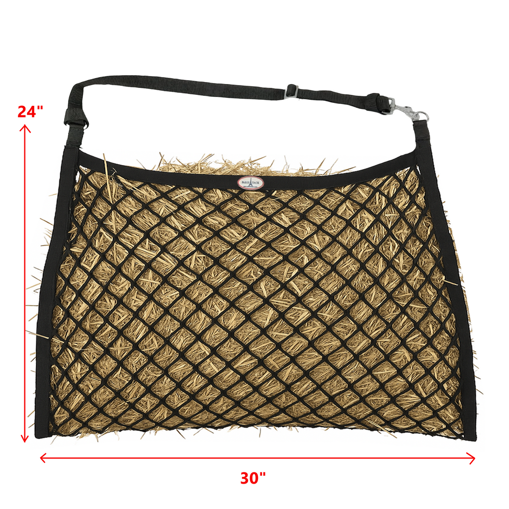 Derby Originals Paris Tack Knotless Ultra Slow Feed Hay Nets – Set of 2, 1.5" Openings, 24"x30", Soft on Muzzles, Adjustable Hanging Strap with Snap, Holds 2 Flakes Each