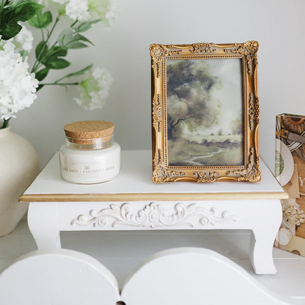 Antique Inspired Ornate White Wood Risers, Set of Two