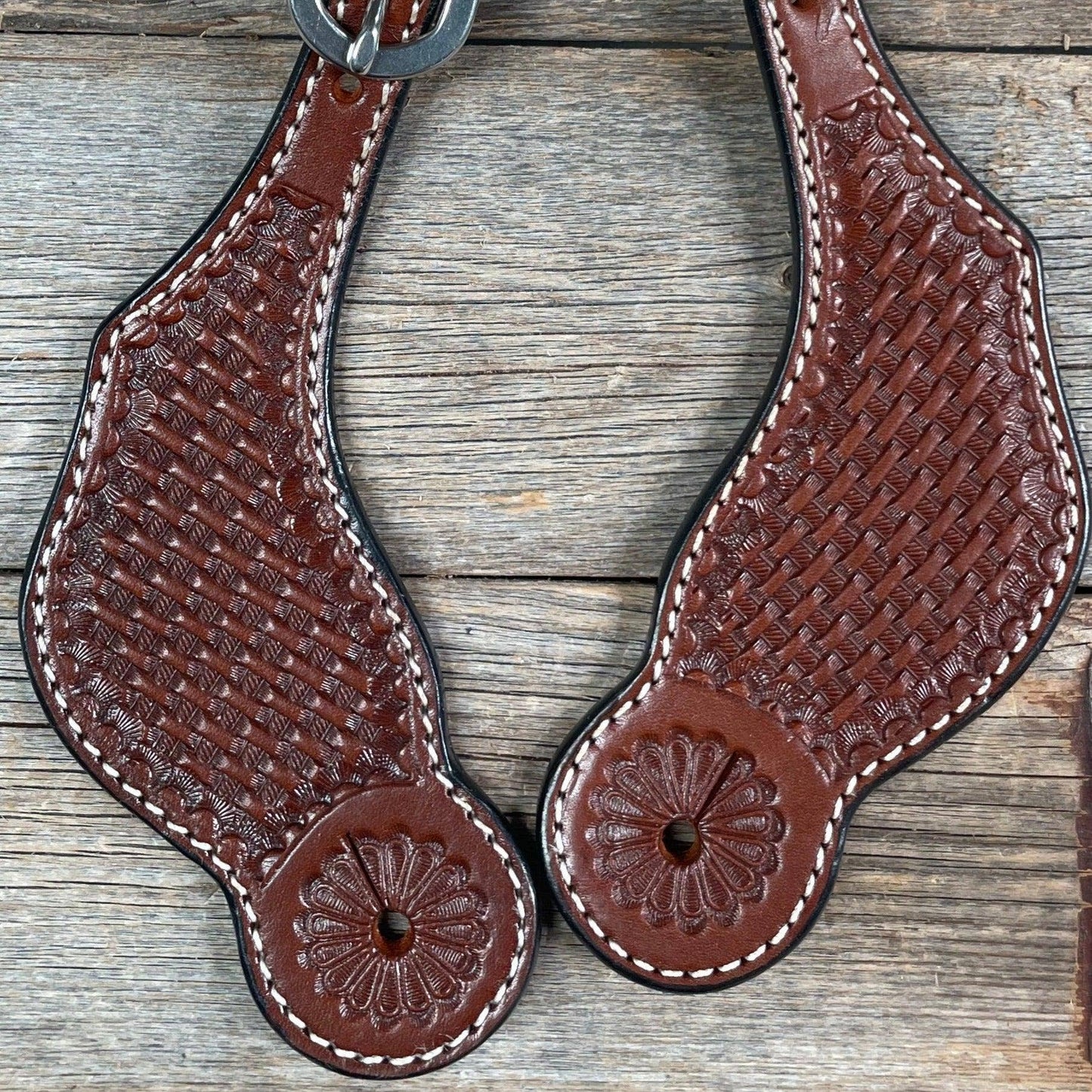 Medium Oil Basketweave Tooled Spur Straps/ Rodeo Drive - Blazzing Bridles