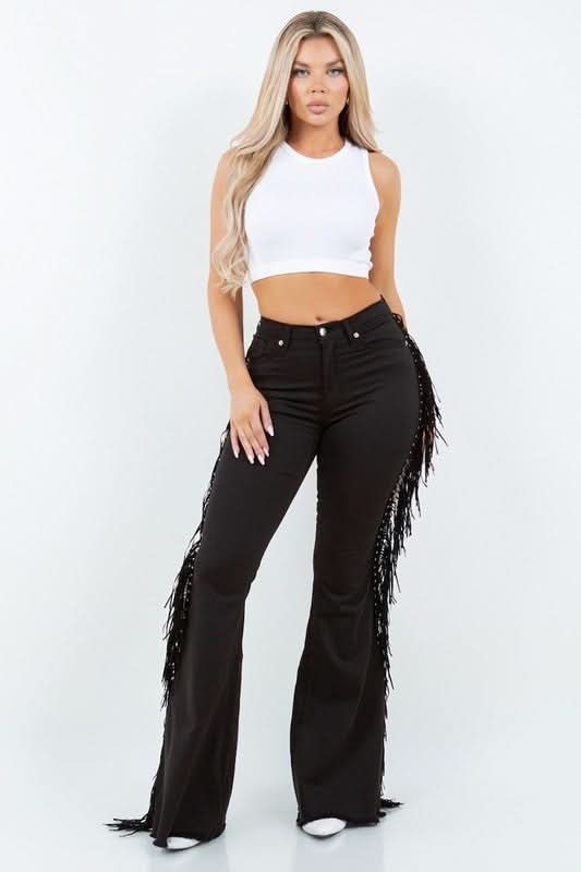 High Rise Bell Bottom Jeans Featuring Tassel Detailing Pockets Inseam Thirty Inches