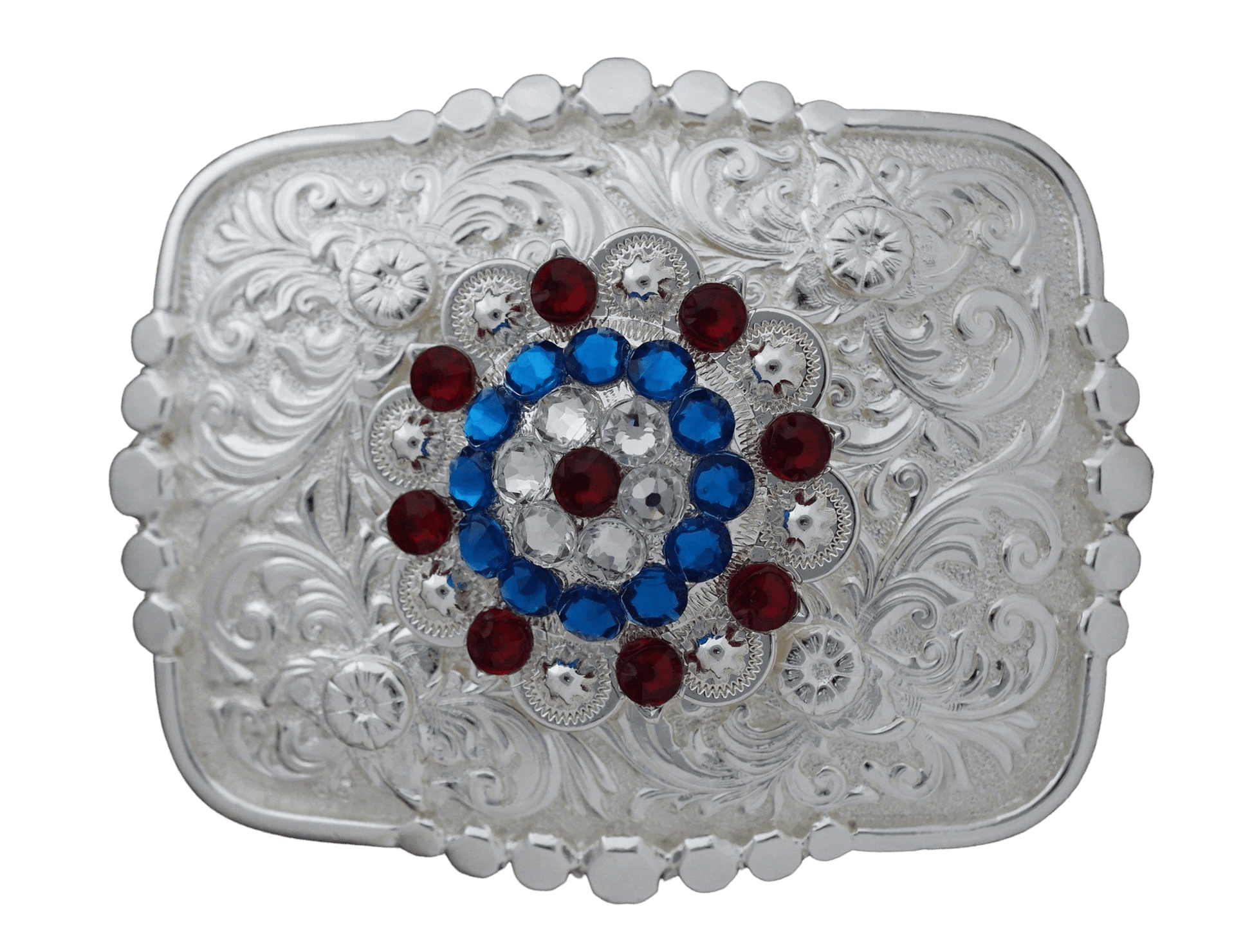 Bright Silver Belt Buckle with Red, White & Blue European Crystal Concho