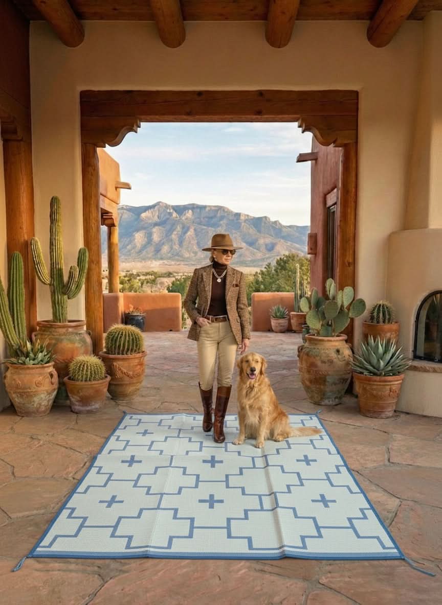 BLUE + IVORY - 6ft x 9ft - RANCH RUGS  -LAJITAS DESIGN-