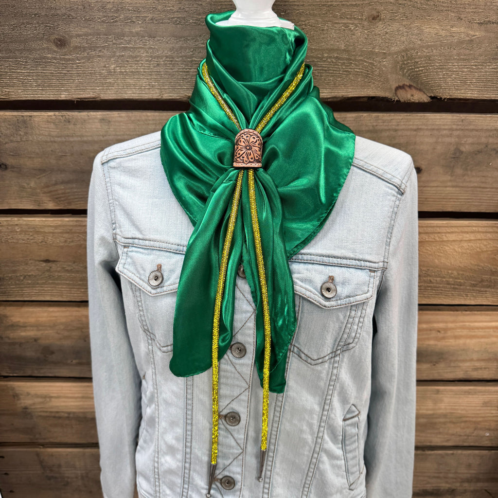 35X35" Solid Green Wild Rag / Scarf - Leather Slide and Bolo Tie