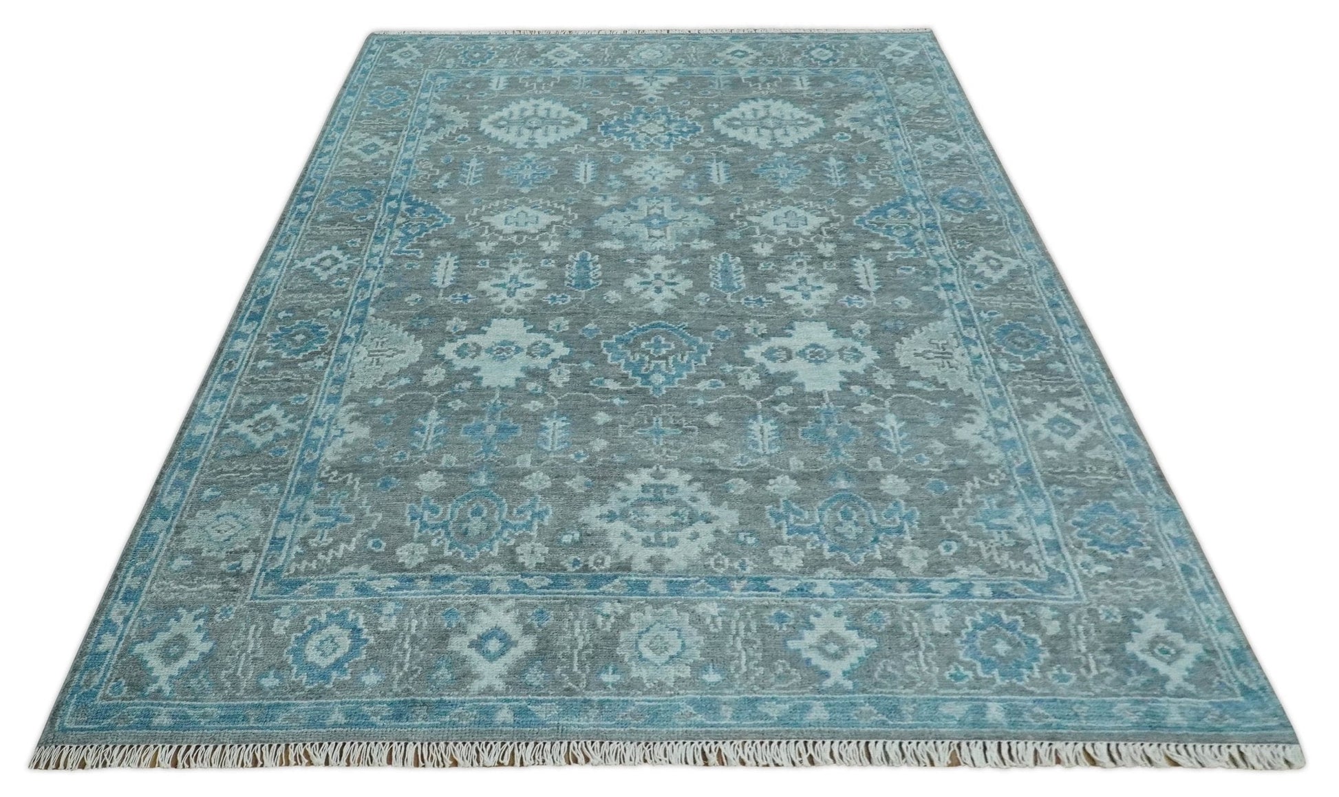 Antique Turkish  Gray and Blue Hand Knotted 8x10 Wool Area Rug
