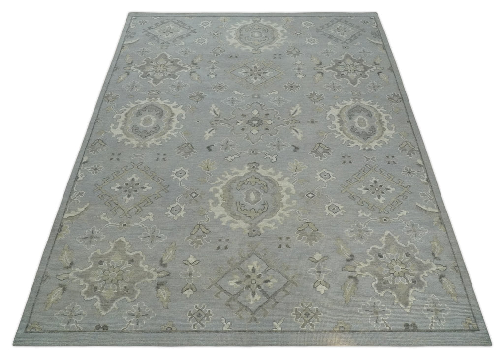 Antique Muted Silver Rug 8x11 Hand Knotted Turkish Silver, Beige and Brown Traditional Antique Persian Low Pile Area Rug