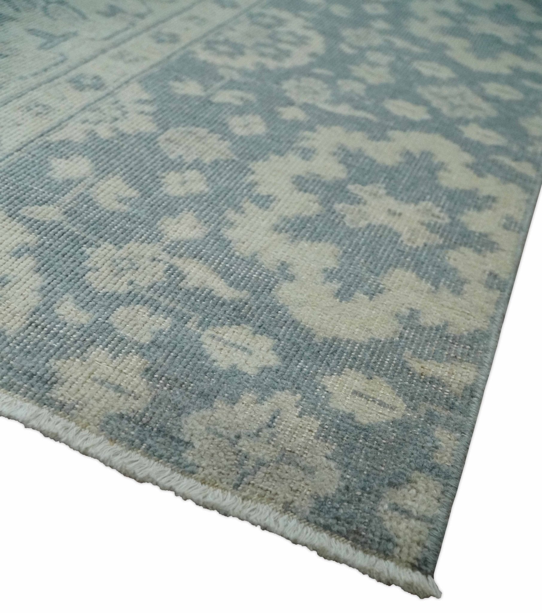 Antique Style Ivory and Charcoal Hand Knotted Traditional Oushak 2x4 wool Bedside Rug