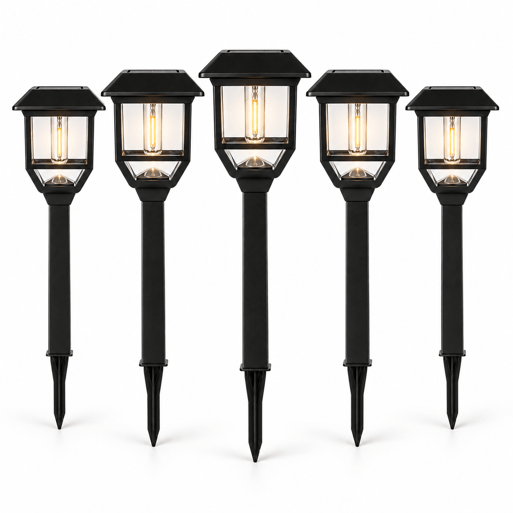 Berkley Jensen Solar LED Pathway Lights 5-Pack – 15 Lumen Filament Bulbs, Graphite Black