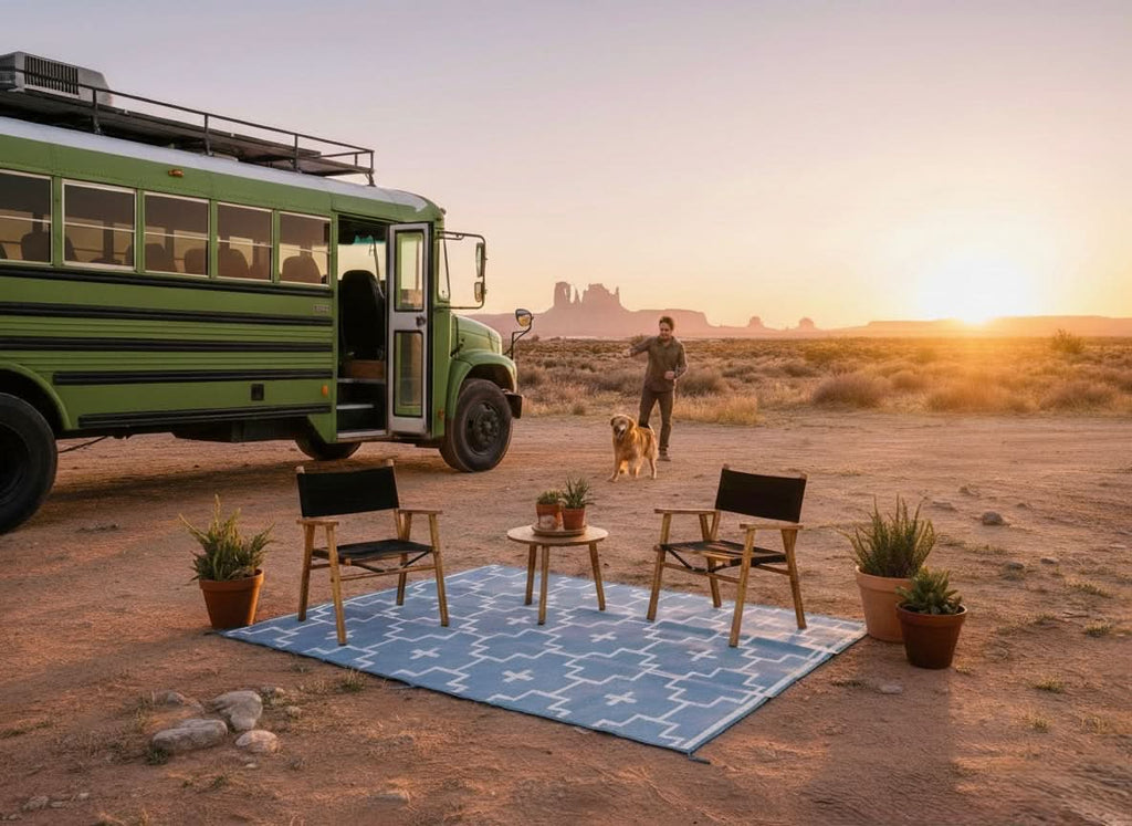 BLUE + IVORY - 6ft x 9ft - RANCH RUGS  -LAJITAS DESIGN-