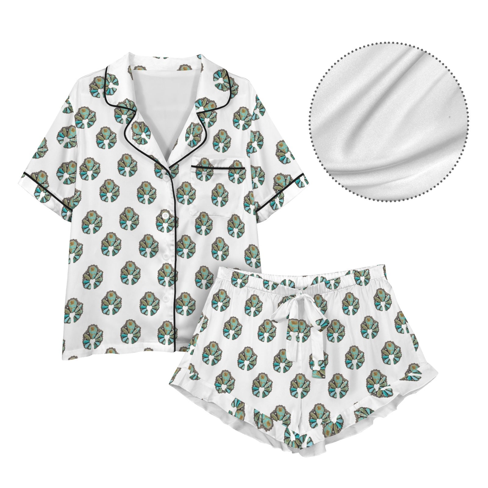 Turquoise Naja White Satin Ruffle Pajama Set