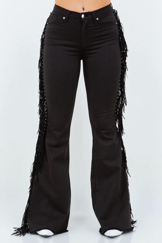 High Rise Bell Bottom Jeans Featuring Tassel Detailing Pockets Inseam Thirty Inches