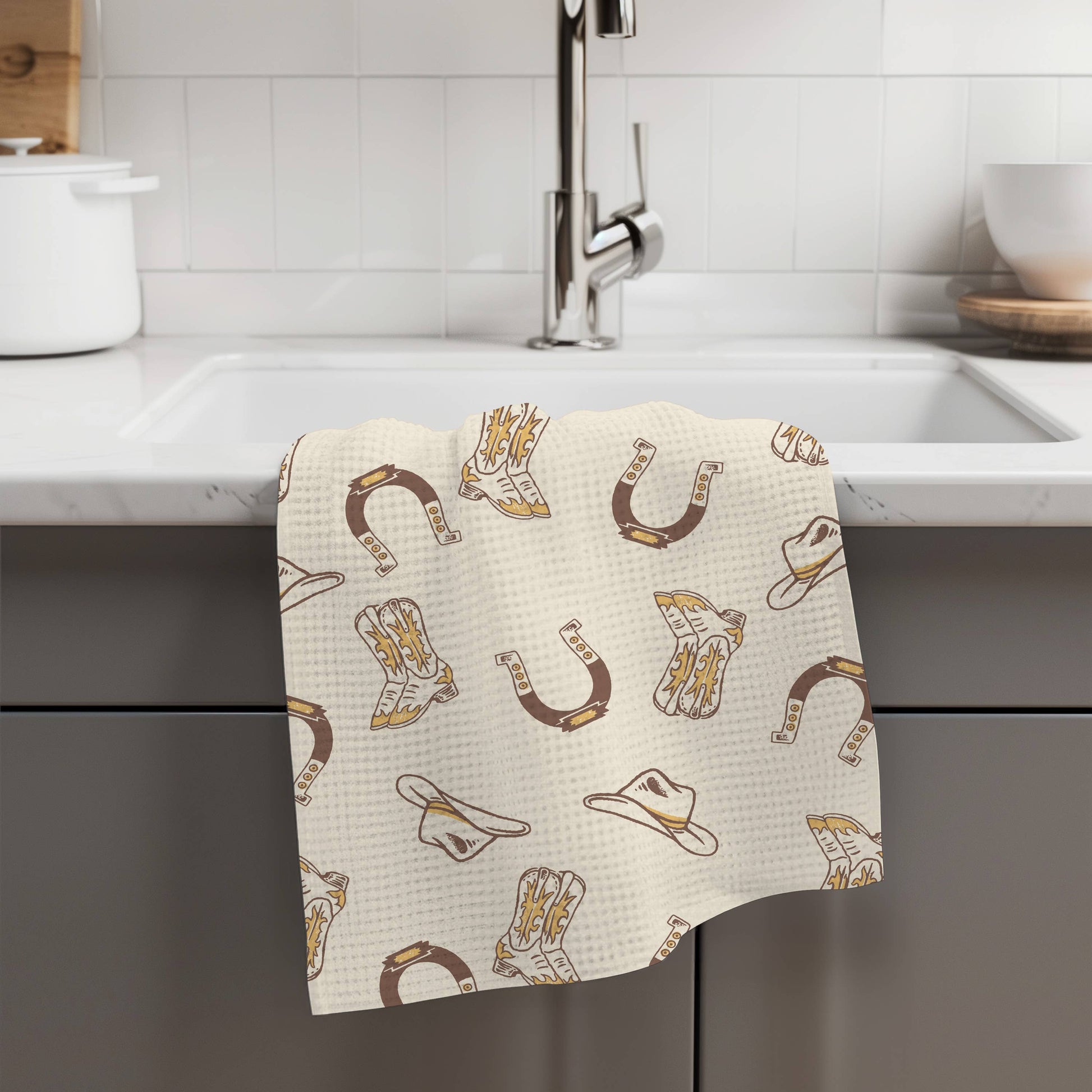 Retro Western Horse Boots Cowboy Hat Kitchen Towel Waffle