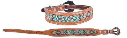 Genuine leather dog collar with teal beaded inlay