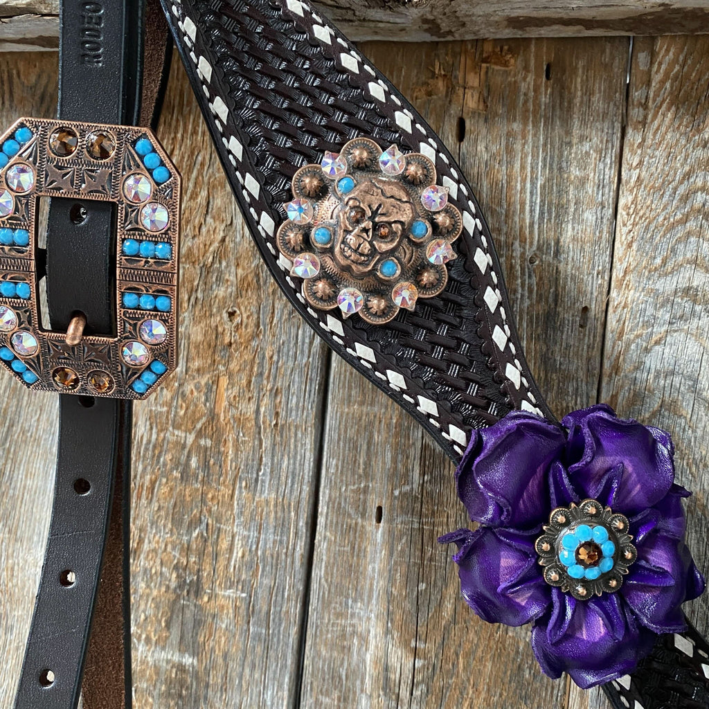 Dark Oil Purple Skull Browband - Breastcollar - Witherstrap Set #BBBC425
