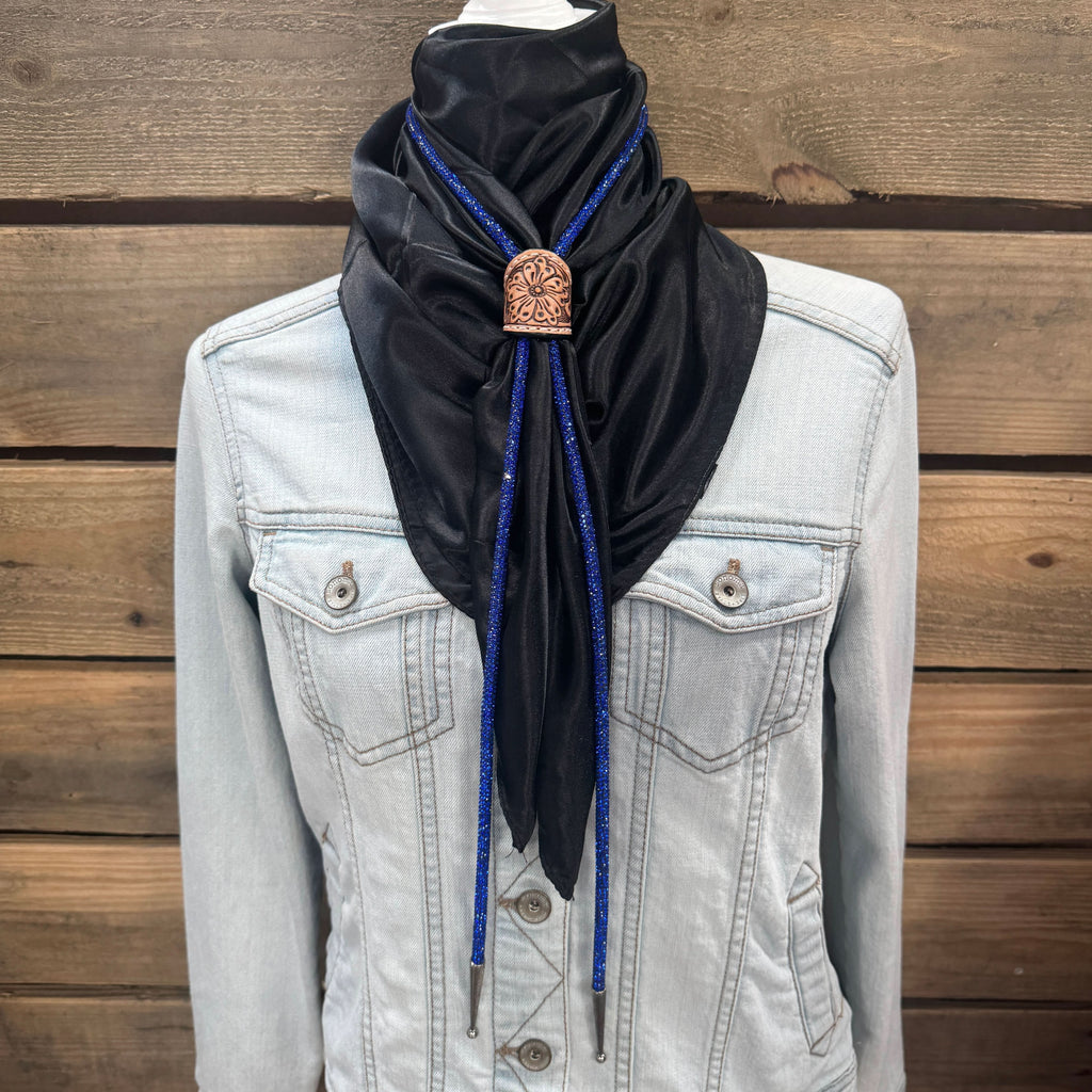 35X35" Solid Black Wild Rag / Scarf - Leather Slide and Bolo Tie