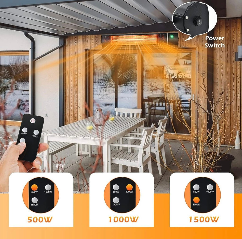 1500W Electric Patio Heater – Plug-In Outdoor Infrared Wall Heater with Remote Control, 3 Heat Settings, IP65 Waterproof, Overheat Protection, Indoor & Outdoor