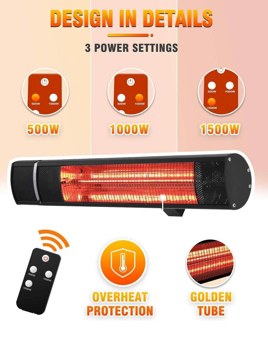 1500W Electric Patio Heater – Plug-In Outdoor Infrared Wall Heater with Remote Control, 3 Heat Settings, IP65 Waterproof, Overheat Protection, Indoor & Outdoor