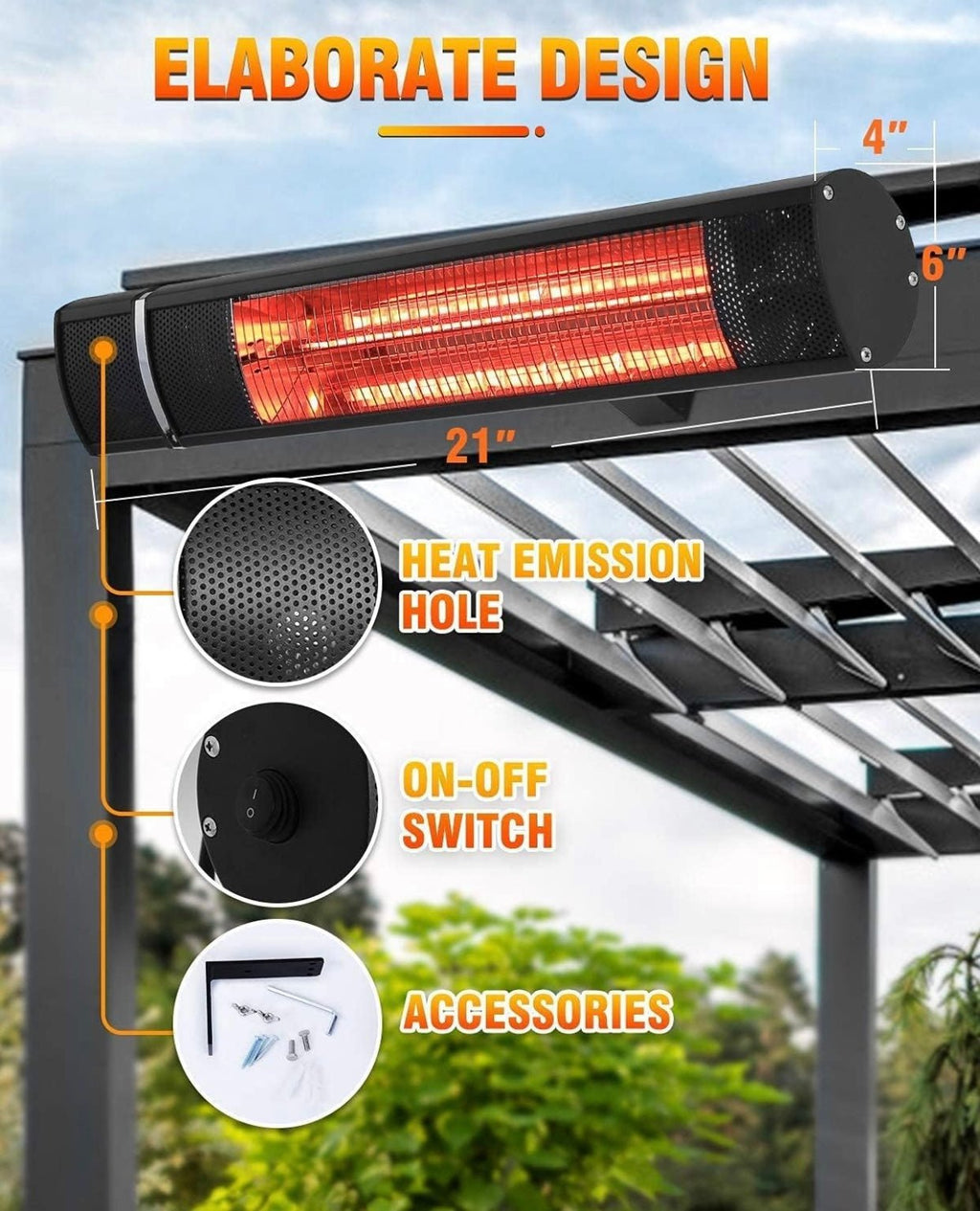 1500W Electric Patio Heater – Plug-In Outdoor Infrared Wall Heater with Remote Control, 3 Heat Settings, IP65 Waterproof, Overheat Protection, Indoor & Outdoor