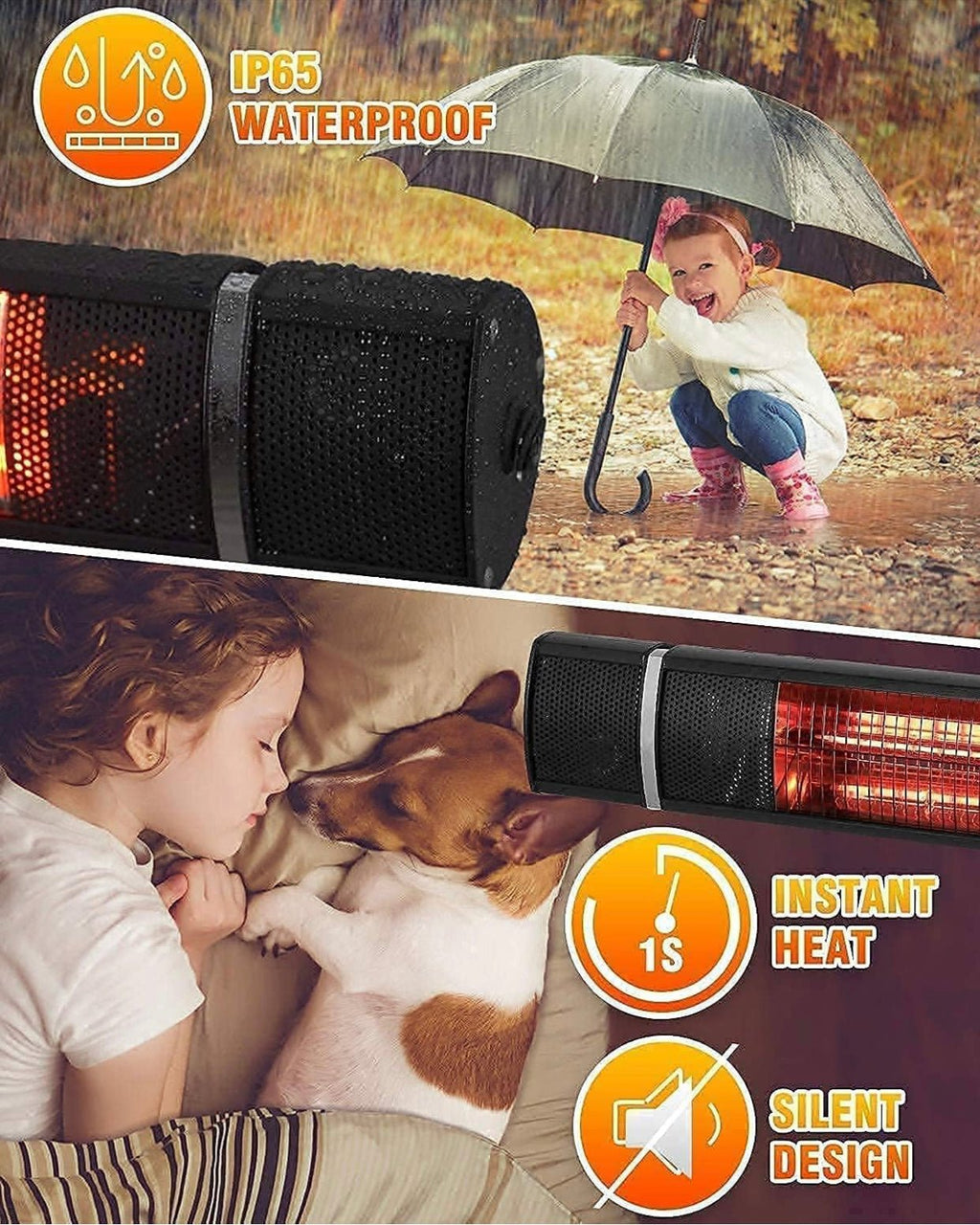 1500W Electric Patio Heater – Plug-In Outdoor Infrared Wall Heater with Remote Control, 3 Heat Settings, IP65 Waterproof, Overheat Protection, Indoor & Outdoor