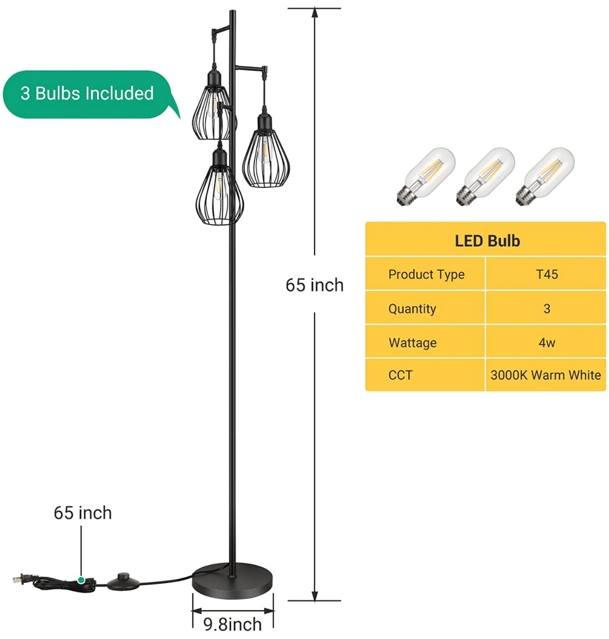 Floor Lamp Matches Industrial, Farmhouse & Rustic Living Rooms – Standing Tree Lamp with 3 Elegant Cage Heads & Edison LED Bulbs