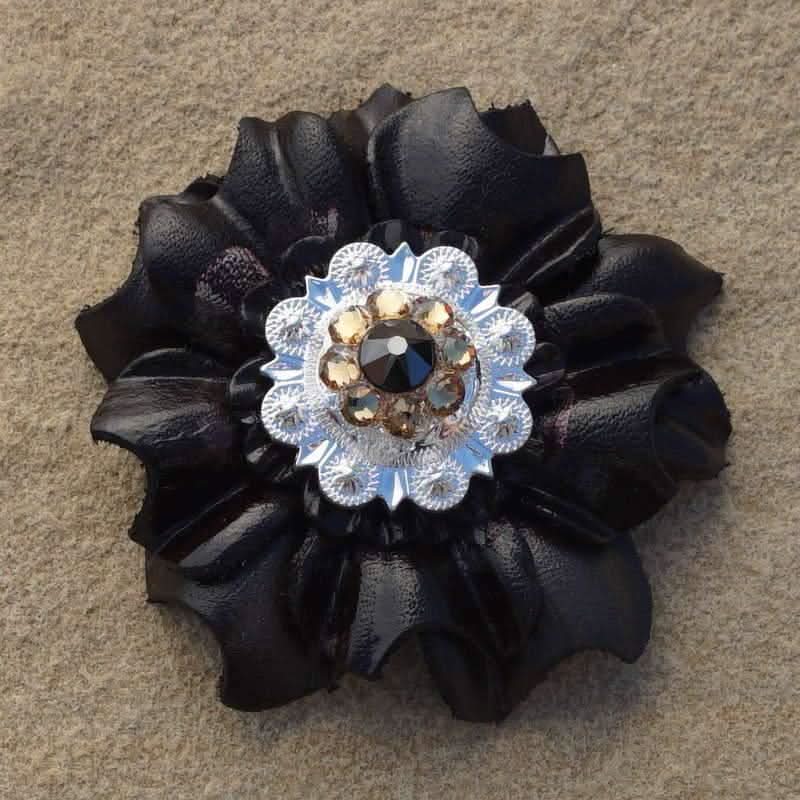 Black Carnation Flower With Bright Silver Jet & Champagne 1" Concho