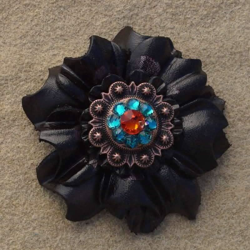 Black Carnation Flower With Copper Fire Opal & Teal 1" Concho