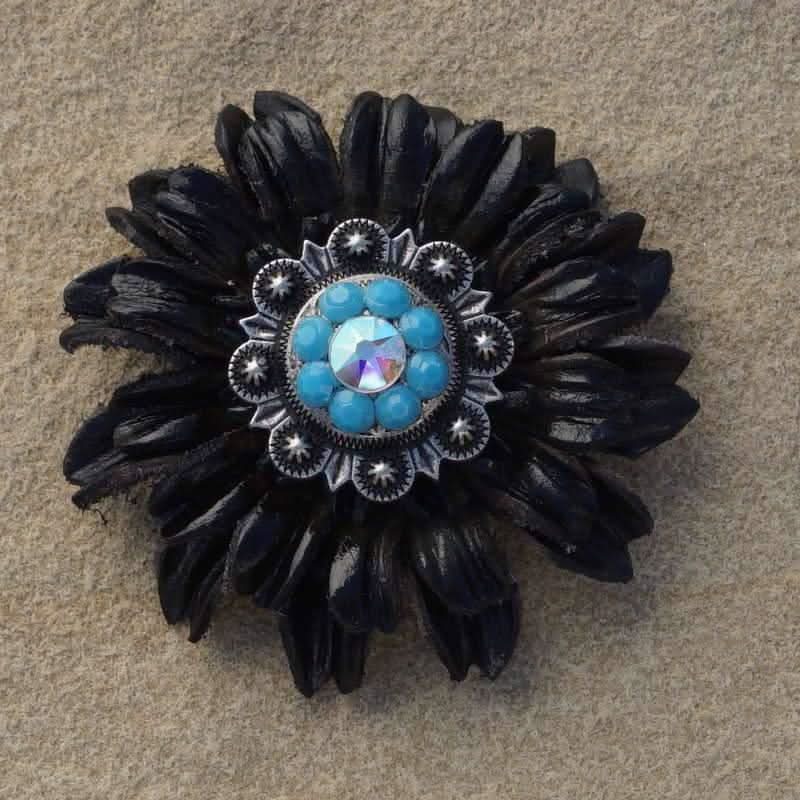 Black Daisy Flower With Antique Silver Turquoise & AB 1" Concho