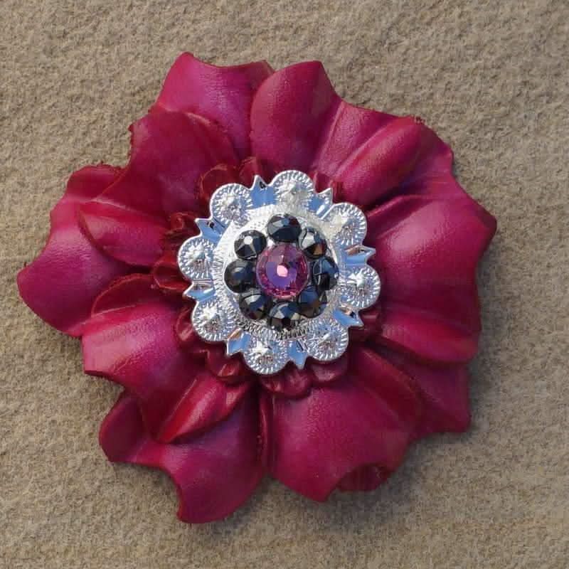 Hot Pink Carnation Flower With Bright Silver Pink & Jet 1" Concho