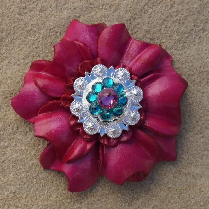 Hot Pink Carnation Flower With Bright Silver Pink & Teal 1" Concho