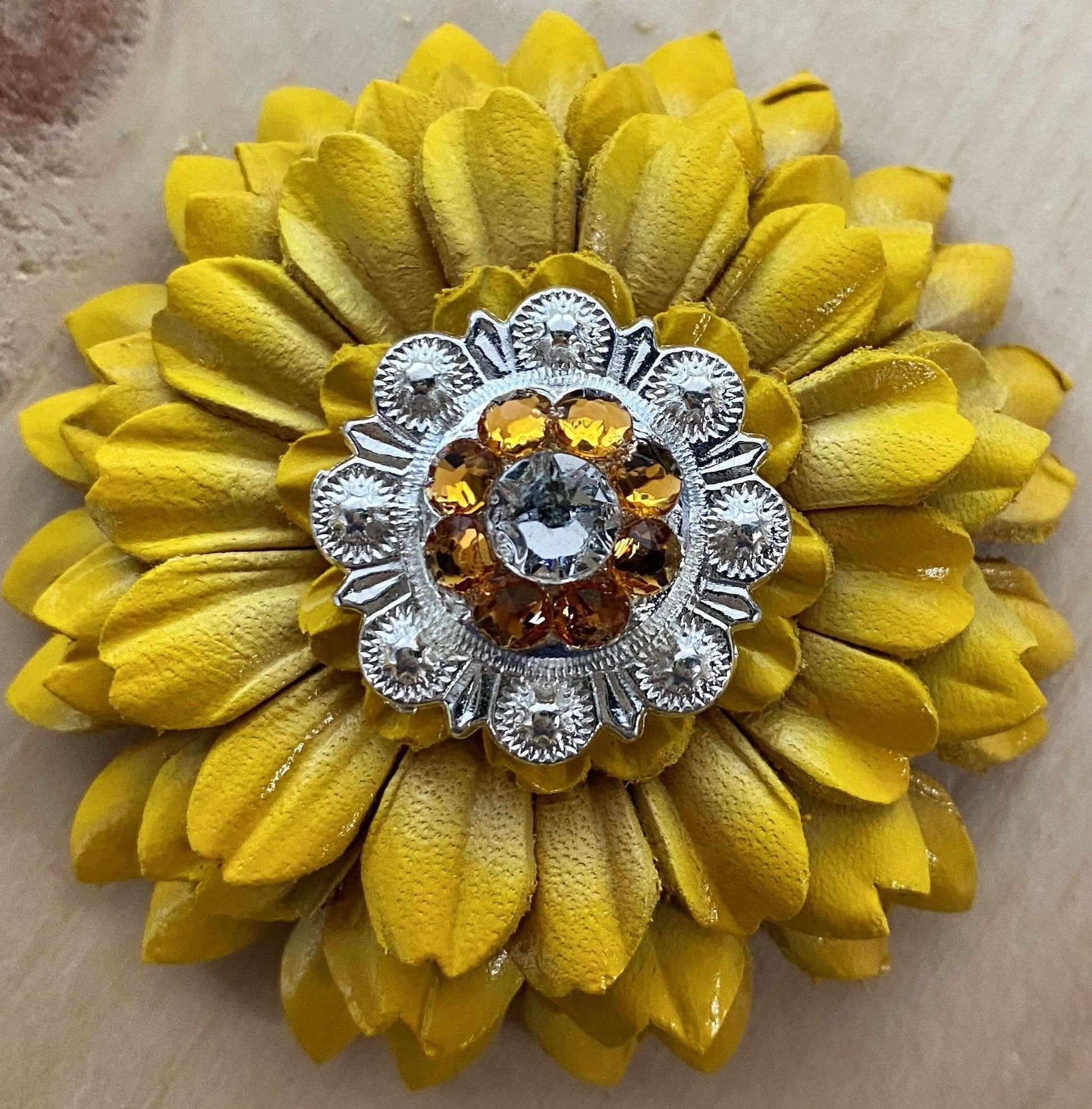 Sunflower With Bright Silver Golden & Clear 1" Concho