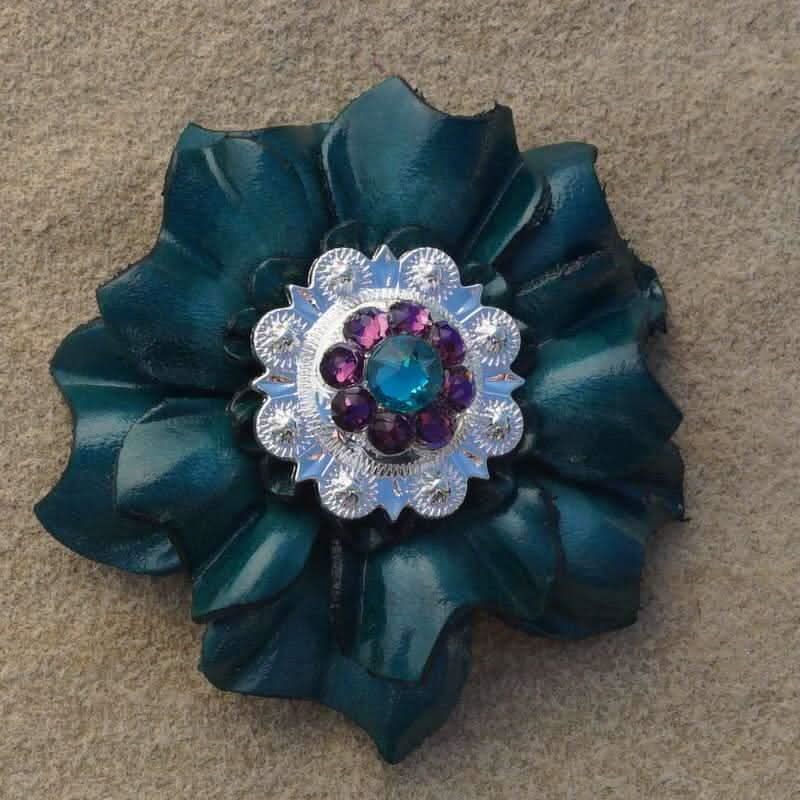 Teal Carnation Flower With Bright Silver Teal & Purple 1" Concho