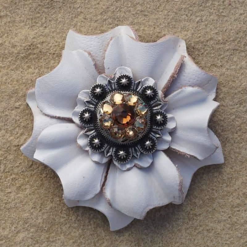 White Carnation Flower With Antique Silver Topaz & Champagne 1" Concho